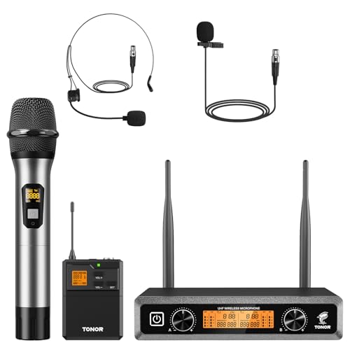 TONOR Duales UHF Mikrofon Kabellos Set mit Handmikrofon/Bodypack Transmitter/Headset Funkmikrofon/Lavalier Ansteckmikrofonen, 2x5 Frequenzen 60 m Reic