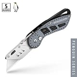 FANTASTICAR Folding Utility Knife Gift Box Cutter Heavy Duty, Lightweight Aluminum Body with Lock-Back Design, Quick Change 5-Piece Extra Blades (Gray)