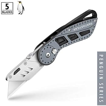 FANTASTICAR Folding Utility Knife Gift Box Cutter Heavy Duty, Lightweight Aluminum Body with Lock-Back Design, Quick Change 5-Piece Extra Blades (Gray)