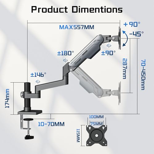 Fydeamer PC Monitor Arm for 17-32 inch Screens, Gas Spring Height Adjustable Desk Mount, Full Motion Swivel Tilt Rotation, VESA 75x75/100x100, 2-9kg Load Capacity, Gunmetal Grey