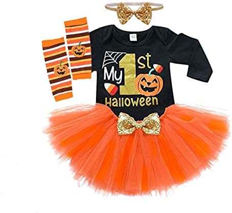 CPEIBaby Girls Halloween Outfits My 1st Halloween Romper+ Tutu Skirt+ Striated Leg Warmer+ Bunny Headband Outfit Set