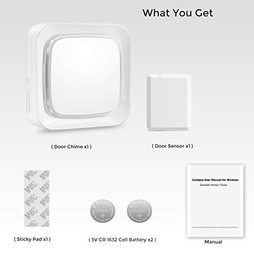 Door Sensor Chime Alarm System Wireless for Home Security, Coolqiya Entry Bell Alert 600FT Operating Range With 4 Volume Levels, 1 Door Sensor + 1 Plug-in Receiver(White)