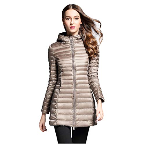 Fauean Women's Hooded Packable Ultra Light Weight Long Down Jacket Khaki
