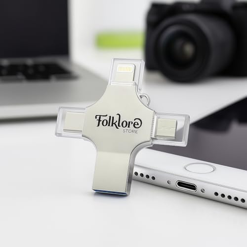 Pen Drive OTG 4 em 1 (256 GB), Armazenamento Externo, Pendrive de Fotos, USB 3.0 Memory Stick Jump Drive PhotoStick para iPad, Android, PC, iPhone.