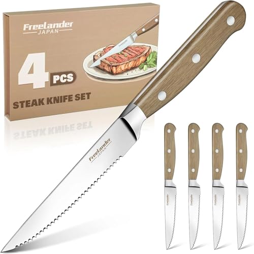 Freelander 4-piece Meat Knife Set, Table Knives with Serrated Edge and Ergonomic Wooden Handle, Sharp Steak Knives for Cutting Steak and Meat