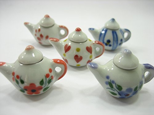 Set 5 Mixed Coffee Pot Teapot Assorted Paint Dollhouse Miniature Ceramic 12945