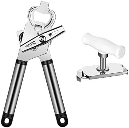 2-IN-1 Can Opener Set Combo Portable Manual Tin Opener Smooth Edge Safe Stainless Steel Ergonomic Handle Kitchen Opener Tool Built-in Bottle Opener/Lid Lifter + Jar Opener for Home/Restaurants/Travel