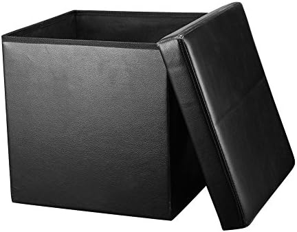 Folding Storage Ottoman, Homkit Large Faux Leather Folding Storage Box with Lid Non - Toxic / Nil Odor Cube Foot Rest Stool Seat Black