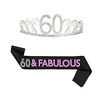 B4MBOO 60th Birthday Tiara and Sash | Happy 60th Birthday Party Supplies| Purple "60 & Fabulous" Glitter Satin Sash and Crystal Rhinestone Crown | 60th Birthday Party Decoration Kit (2-Pack)