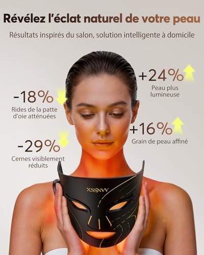 XSSNVV Masque LED Visage Sans Fil, 4 Modes Masque Luminothérapie Lumière Rouge & Infrarouge 850 nm, LED Mask, Télécommande, Autonomie 60 min, Réglable, avec Couvre-yeux, NVV03