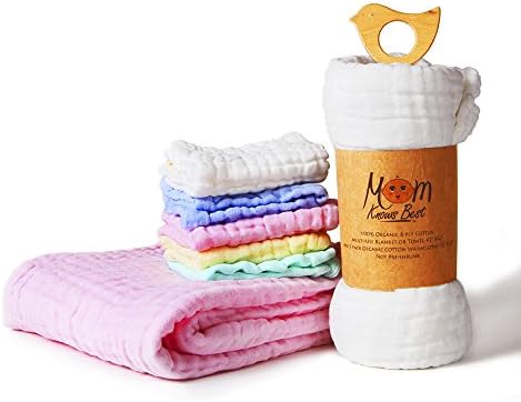 Mom Knows Best 2 Thick 100% Organic Muslin Cotton Baby Blankets/Towels and 5 Washcloths Bundle, With Free Wood Teething Ring. Perfect Baby Shower Gift. Solid Colors. Antibacterial White and Pink Set.