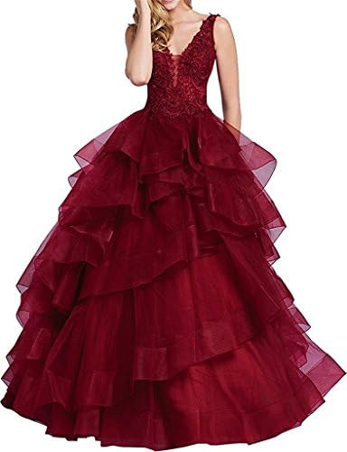 XSWPL Sexy Appliques Beaded Deep V neck Long Prom Ball Gown Tulle Swwet 16 Quinceanera Dresses Burgendy US4