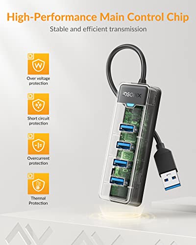4-Port USB Hub 3.0 for Laptop - iDsonix USB 3.0 Hub 5Gbps Multiport Adapter Portable Travel, USB Hub for MacBook Air Por Windows / Mac OS, Linux Flash Drive, Mobile HDD