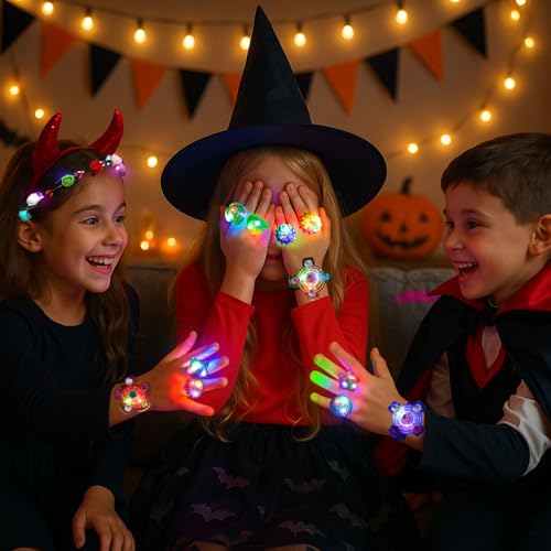 LovesTown 48PCS LED Light up Rings, 6 Styles Flashing Glow Kids Bulk Rings Glow in the Dark Party Supplies for Halloween Christmas Birthday Classroom Prizes Goodie Bag Fillers