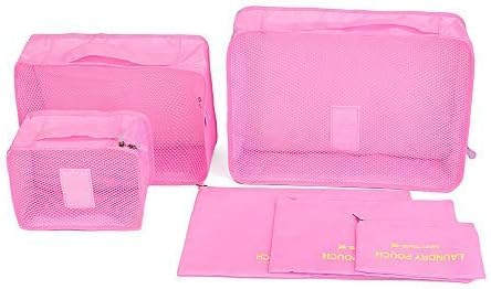 Mbangde 6 Set Waterproof Packing Cubes, Backpack Storage Bags, Travel Luggage Clothes Compression Organizer - 3 Travel Cubes + 3 Pouches - Pink