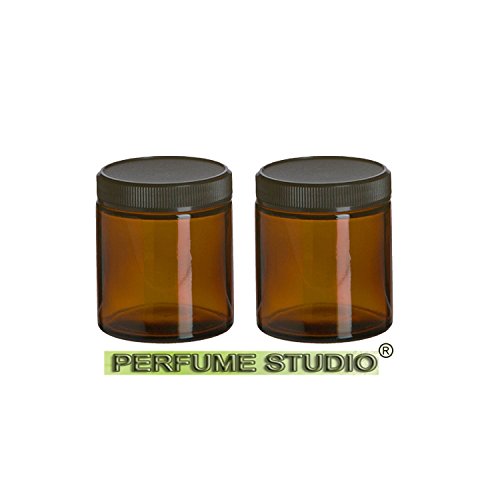 Perfume Studio Top Quality Thick Straight Sided 4oz Amber Glass Jar with Black BPA Free Ribbed Black Cap for Cosmetics Solutions; Plus a Pure Perfume Sample Vial (2 Pieces)