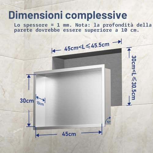 Bernkot Wall Mounted Shower Niche Stainless Steel 45 x 30 x 10 cm Wall Mounted Niche Bathroom Shelf Brushed Silver
