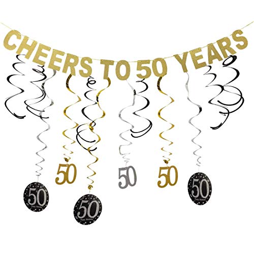 Gold Glittery Cheers to 50 Years Birthday Banner Decoration and 50 Hanging Swirls for 50th Birthday Party Decoration