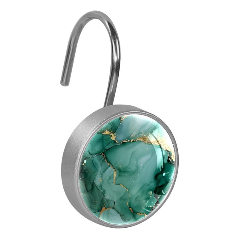 Photo 1 of 12 Pcs Decorative Shower Curtain Hooks, Rust Proof Glass Surface Stainless Steel Rings for Bathroom Bedroom Kitchen Home Bath Room Rods Decor (Light Green Gold Marble)