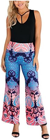 Blue sail New Women's Casual Trousers Features Printed Elastic Band high Waist Long Wide Leg Pants,Orange,M