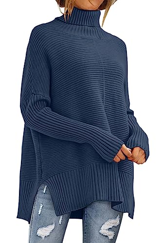 ANRABESS Women Oversized Turtleneck Long Batwing Sleeve Split Hem Pullover Knit Tunic Sweater Outfits 2024 Trendy Clothes Dark Blue Medium
