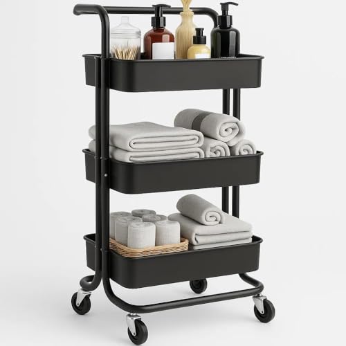 Carrinho Organizador Multiuso 3 Andares com Rodinhas — Estante Móvel para Banheiro, Cozinha, Lavanderia e Escritório, Aço Inox com Cestos Removíveis, Preto