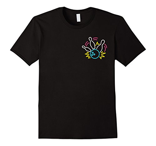 Mens 80s Retro Neon Sign Strike Bowling Pocket T-Shirt. 80's Gift Medium Black