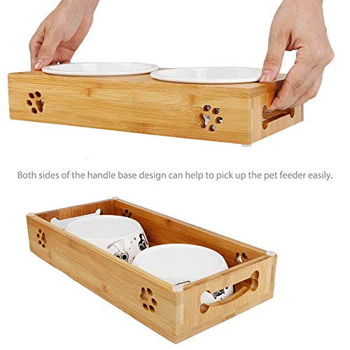 Legendog Cat Bowls, Elevated Dog Cat Bowls, Fashion Cat Ceramic Bowl with Bamboo Stand, Cat Food Water Bowl, Pet Bowls for Cats and Small Dogs