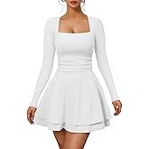 XXTAXN Women’s Sexy Long Sleeve Square Neck Flowy Hem Ruched High Waist Party Mini Dress with Side Pocket