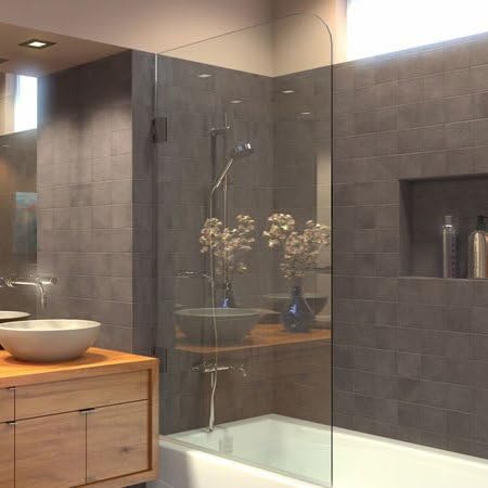 Ark Showers Frameless Bathtub Shower Screen, Pivot Door, 64 X 33.5, 5/16 (8mm) Glass With Round Top Corner, Brushed Stainless Steel Hinges. Model 6408BHR