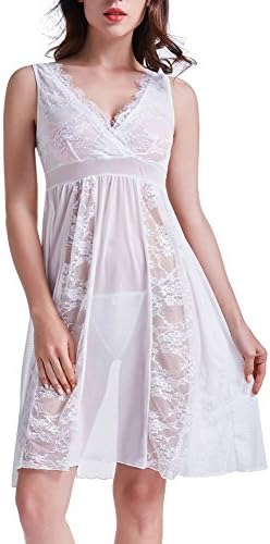 HiMiss Women Sexy Floral Lace Babydoll Night Gown Lingerie With G-String Thong White XXL