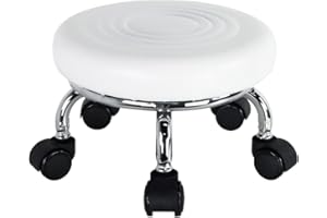 WKWKER Modern PU Leather Low Round Rolling Stool - 360 Swivel with Universal Caster Wheels, Small Stool for Home Office, Garage, Shop, Fitness, Sport - H:8.4' White