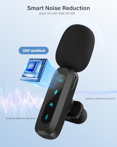 Wireless Lavalier Microphone for iPhone, iPad, Android Phone, 2-Pack Mini Microphone with Noise Reduction, Auto Pairing, Mute and Reverb for Vlogging, Video Recording