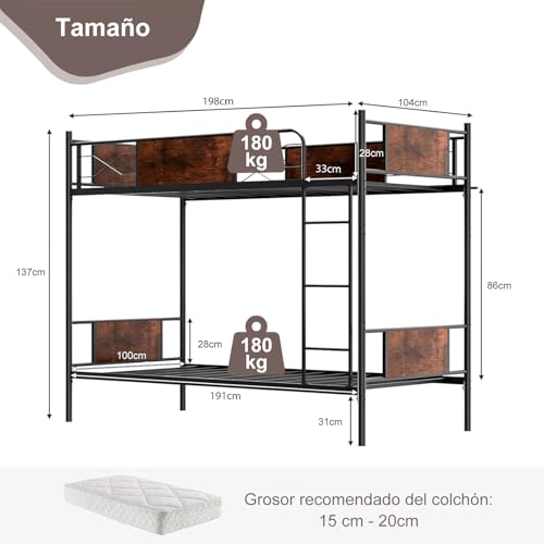 VirtuSync 198 x 105 cm Litera de Metal, Cama Individual con Barandales Altos, Estructura Resistente para Niños, Adolescentes y Adultos