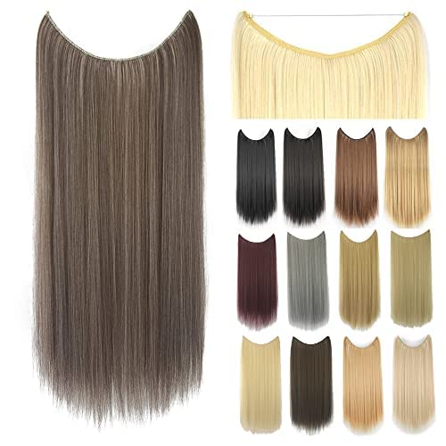 IMISSU 22'' 26'' Long Straight Halo Hair Extensions Fish Line Hairpiece Synthetic Invisible Secret Wire Headwear Flip Hair Piece for Women (26 Inch,Mixed Ash Grey)