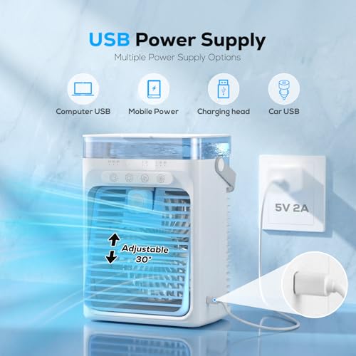 Portable Air Conditioner, 3-in-1 Evaporative Air Cooler with 3 Speeds & 2 Mist Modes, 1000ml Personal Mini AC Unit, USB Small Cooling Fan with RGB Night Light & Timer for Bedroom Office Car (Blue)