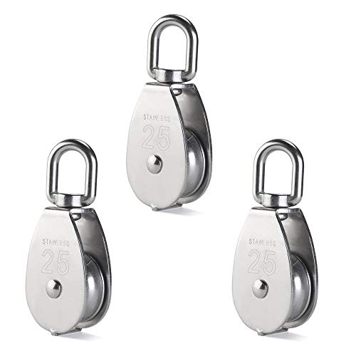 Care4U Pulley,304 Stainless Steel Pulley,3pcs 25 MM Single Pulley Block,Loading 150kg-Siver