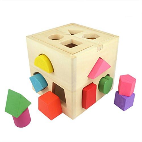 Classic Wooden Geometric Shape Sorter Cube Toy with 13 Color Solid Wood Pieces, Developmental Toy for Preschool Toddlers, 1, 2 & 3 Year Old Boys & Girls