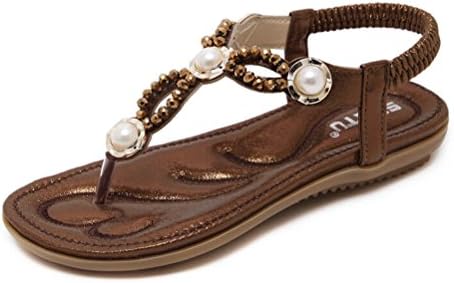 Jazlyn Bohemian Pearl Crystal Beaded Elastic T-Strap Thong Flat Sandals Flip Flops for Girls Women (US9, Coffee)
