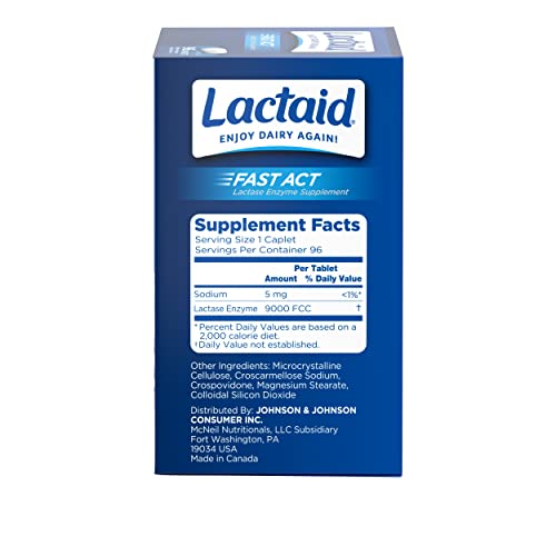 LACTAID FAST ACT LACTOSE INTOLERANCE CAPLETS WITH LACTASE ENZYME, DAIRY RELIEF FROM GAS, BLOATING & DIARRHEA, 9000 FCC LACTOSE INTOLERANCE PILLS, 96 INDIVIDUAL TRAVEL ON-THE-GO PACKS (96 X 1 CT)
