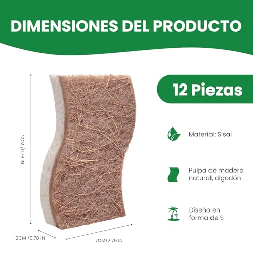 JDF3CISH 12PCS Esponja para Trastes - Fibras para Trastes Naturales, Doble Cara Ecológica, Antirayaduras y Secado Rápido, Ideal para Cocina