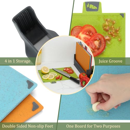 BEWOS 4 Colour Coded Chopping Boards Set, Wheat Straw Cutting Board, Reversible Chopping Board with Stand, Non-Slip Feet Chopping Boards for Kitchens, Juice Grooves & Dishwasher Safe