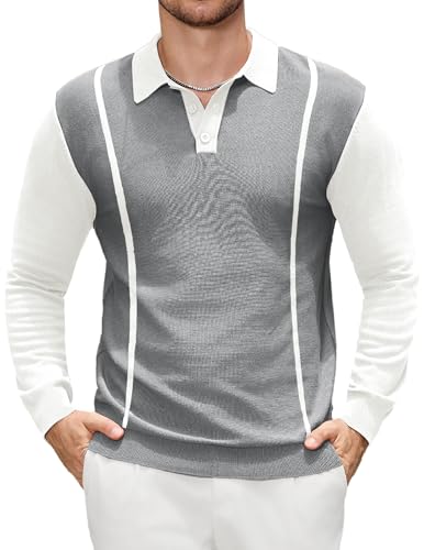 Uni Clau Men Knit Long Sleeve Polo Shirt Button Down Casual Collar Sweater Fashion Golf Polo Shirt White at Amazon