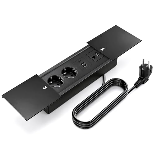 Aluminium Recessed Table Plug, Retractable Socket Outlet with 2 Sockets, 2 USB Ports and Type C+HDMI+Cat 6, 250V/16A Recessed Power Strip for Desks, Work Tables, Dining Tables