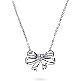 BERRICLE Sterling Silver Ribbon Bow Pendant Necklace Cubic Zirconia Accent, Elegant Silver Necklace for Women