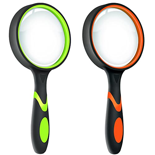 Leffis 2 Pack 10X Magnifying Glass for Seniors & Kids, Non-Slip Handheld Magnifier for Reading, 75mm Magnify Glasses Lens for Close Work, and Hobby Observation Green and Orange