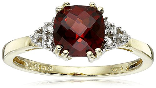 10K Yellow Gold Garnet Cushion with Diamond January BirthStone Ring, Size 7