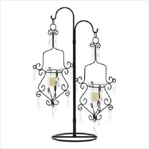 GHP Black Iron/Glass Jeweled Double Candle Lantern w Stand Wedding Centerpiece