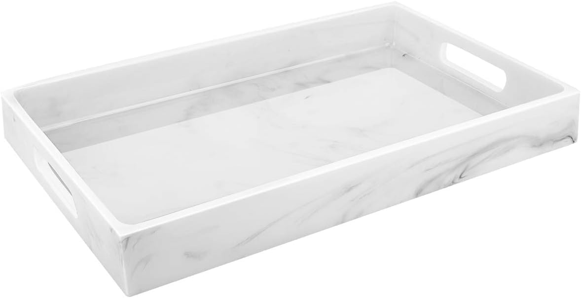 Luxspire Vanity Tray with Handles, 15"x 9.4" Bathroom Countertop Kitchen Serving Tray, Resin Glossy Toilet Tank Storage Tray, Jewelry Organizer Countertop Ottoman Catchall Decor Platter, White Marble