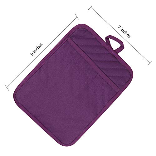 Anyi Oven Pot Holders with Pocket, 100% Cotton Oven Mitts Oven Pads with Feature of Heat Resistant Potholders Non Slip for Cooking Baking, Set of 3 (Purple) - Thumbnail 2